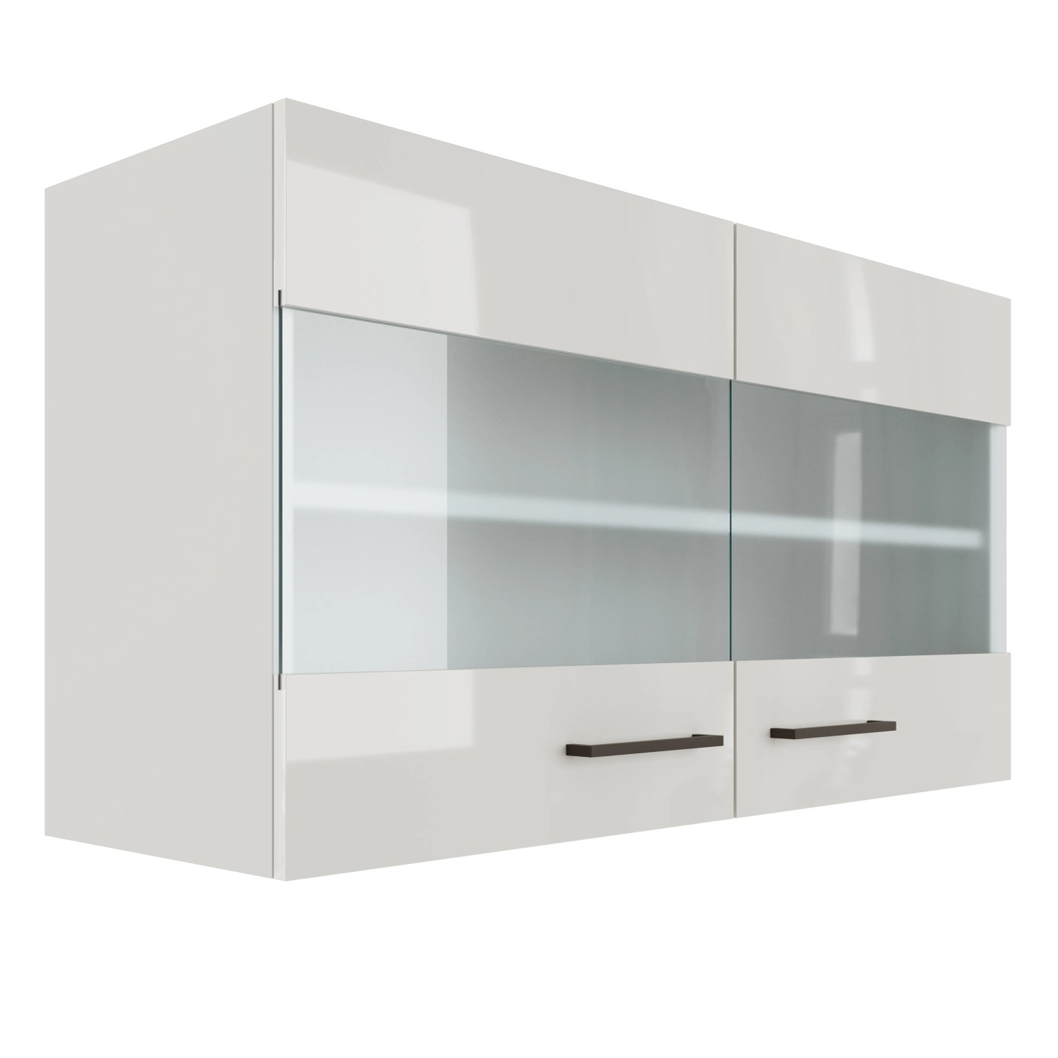Flex-Well Oberschrank Lund, 100 cm, lichtgrau glänzend mit Milchglastüren.