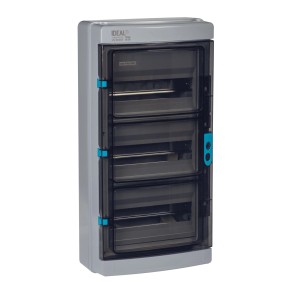 Grauer Kanlux IP65 Aufputz-Sicherungskasten für Feuchträume, mit transparenter Tür und 3x12 Modulen.