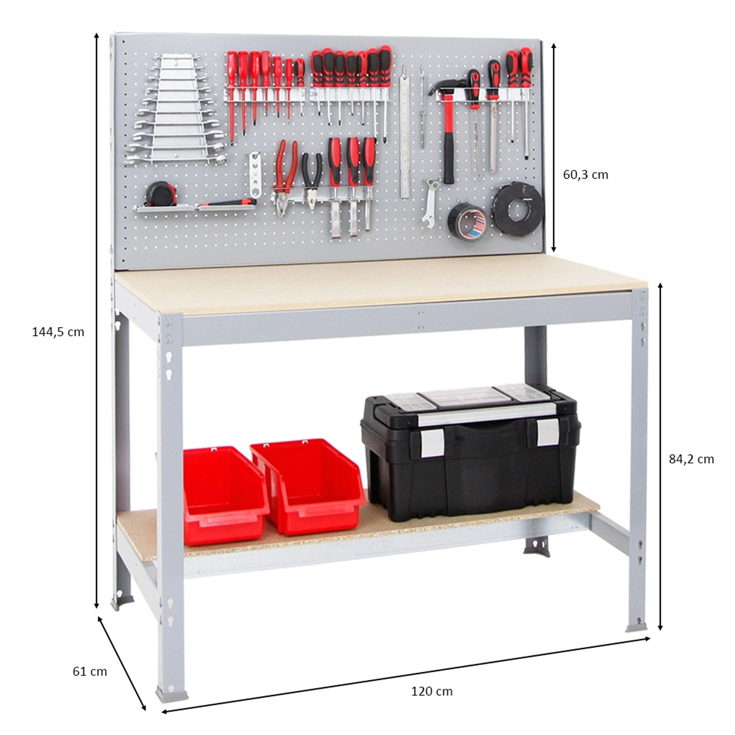 Graue PROREGAL Werkbank mit Werkzeugwand und Zubehör. Traglast 600 kg.