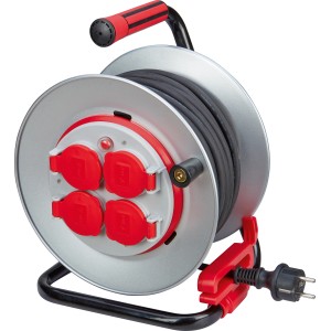 Kabeltrommel 25m IP44 mit Überhitzungsschutz und vier Steckdosen.