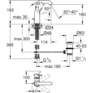 Technische Zeichnung Grohe Essence Waschtischarmatur M-Size Hard Graphite mit Maßen.