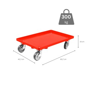 Roter PROREGAL Transportroller für Euroboxen (60x40 cm) mit Gummirädern, Traglast 300 kg.