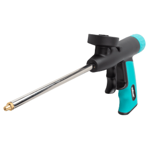 wolfcraft Dosierpistole für PU-Schaum, blau-schwarz, mit Metallrohr für präzises Abdichten.