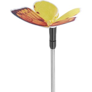 Gelber LED-Solarspieß Sagli mit Schmetterling als Deko für Garten & Balkon.