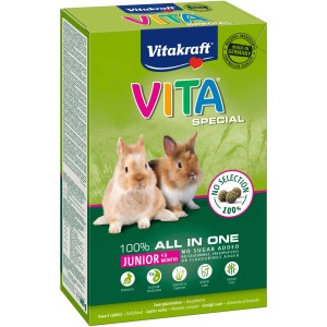 Vitakraft Vita Special Junior Kaninchenfutter, 600g Packung mit zwei Kaninchen.
