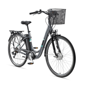 Graues Telefunken City E-Bike 28 Zoll mit Korb, Tiefeinstieg und 7-Gang Kettenschaltung.