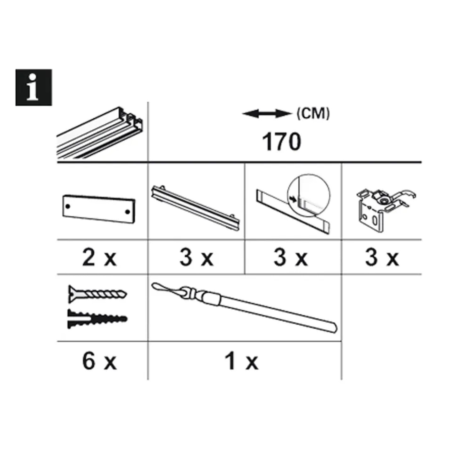 Bestandteile Gardinia Flächenvorhangschiene Komfort Komplett-Set 3-läufig Weiß 170 cm.