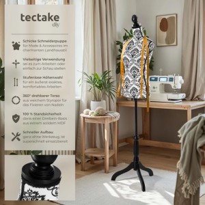 Tectake Schneiderpuppe mit Blumenmuster in Schwarz-Weiß, höhenverstellbar.
