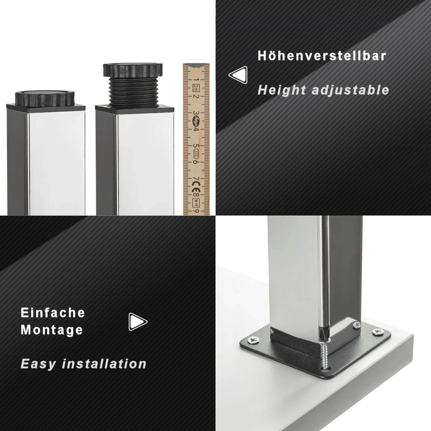 SOTECH Möbelfuß ZULU, 100 mm, Chrom poliert, aus Metall. Höhenverstellbar, mit Montageplatte und Schrauben.