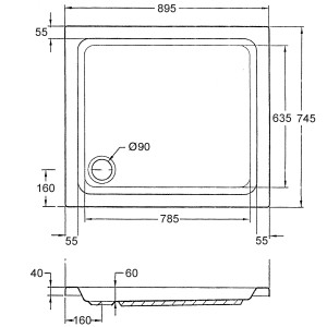 Technische Zeichnung Ottofond Duschwanne Samos Rechteck, 90x75 cm, Maße und Ablaufposition.