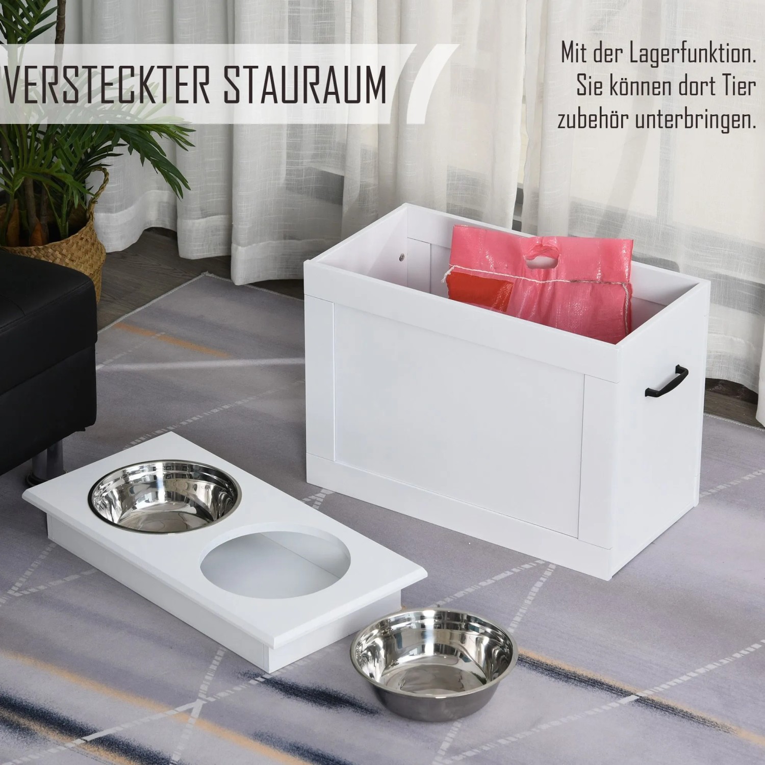 Erhöhter PawHut Fressnapf mit zwei Edelstahlnäpfen und verstecktem Stauraum für Tierzubehör.