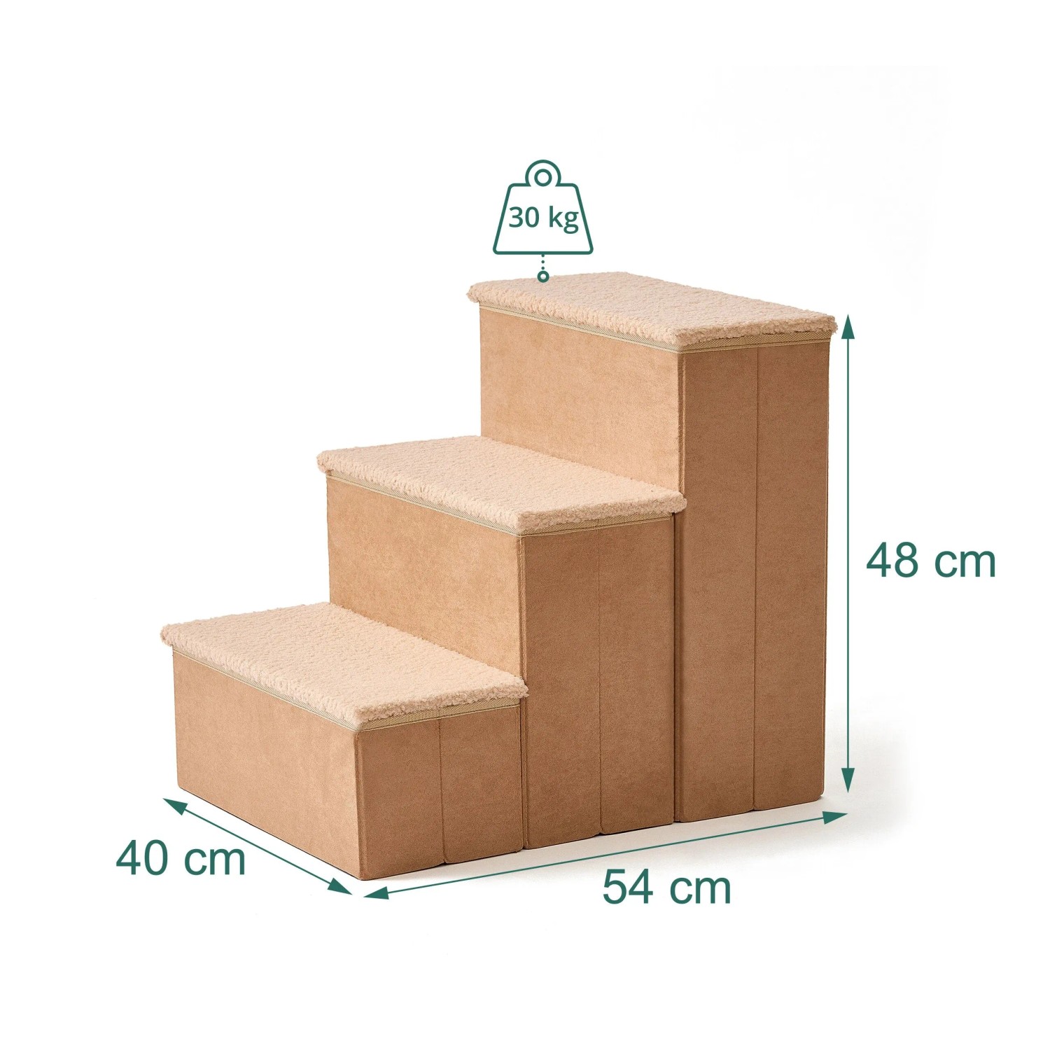 Beige Hundetreppe mit 3 Stufen, 48x40x54 cm, 30 kg Traglast. Faltbare Tiertreppe mit Stauraum.