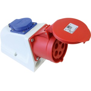 CEE-Wandsteckdose Combo, 5-polig, 32A, 400V, IP44. CEE Stecker mit Schutzkontakt-Steckdose.
