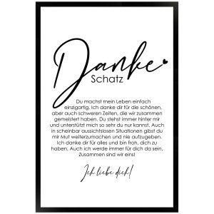 Gerahmtes Poster "Danke Schatz" 40x60 cm, Geschenkidee mit liebevollem Spruch im schwarzen Bilderrahmen.
