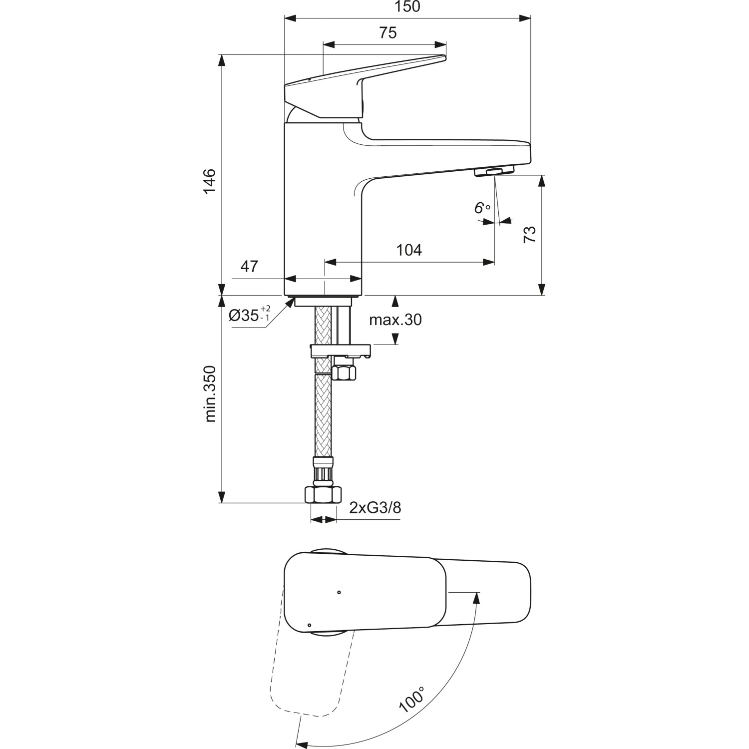 Technische Zeichnung: Ideal Standard Ceraplan Waschtischarmatur, Chrom, Maße und Details.