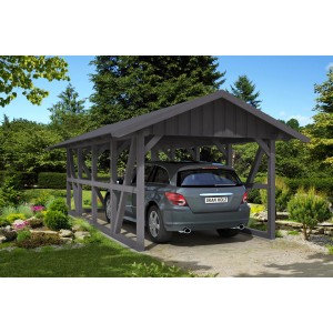 Grauer Skan Holz Carport Schwarzwald mit Rückwand und Dachschalung, Auto steht im Carport.
