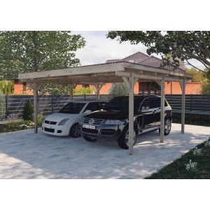 Weka Flachdach-Doppelcarport 616 aus Holz mit zwei parkenden Autos.
