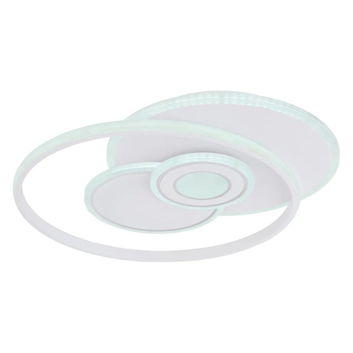 Moderne LED-Deckenleuchte Roderick in Weiß/Chrom mit runder Form und Dimmfunktion.