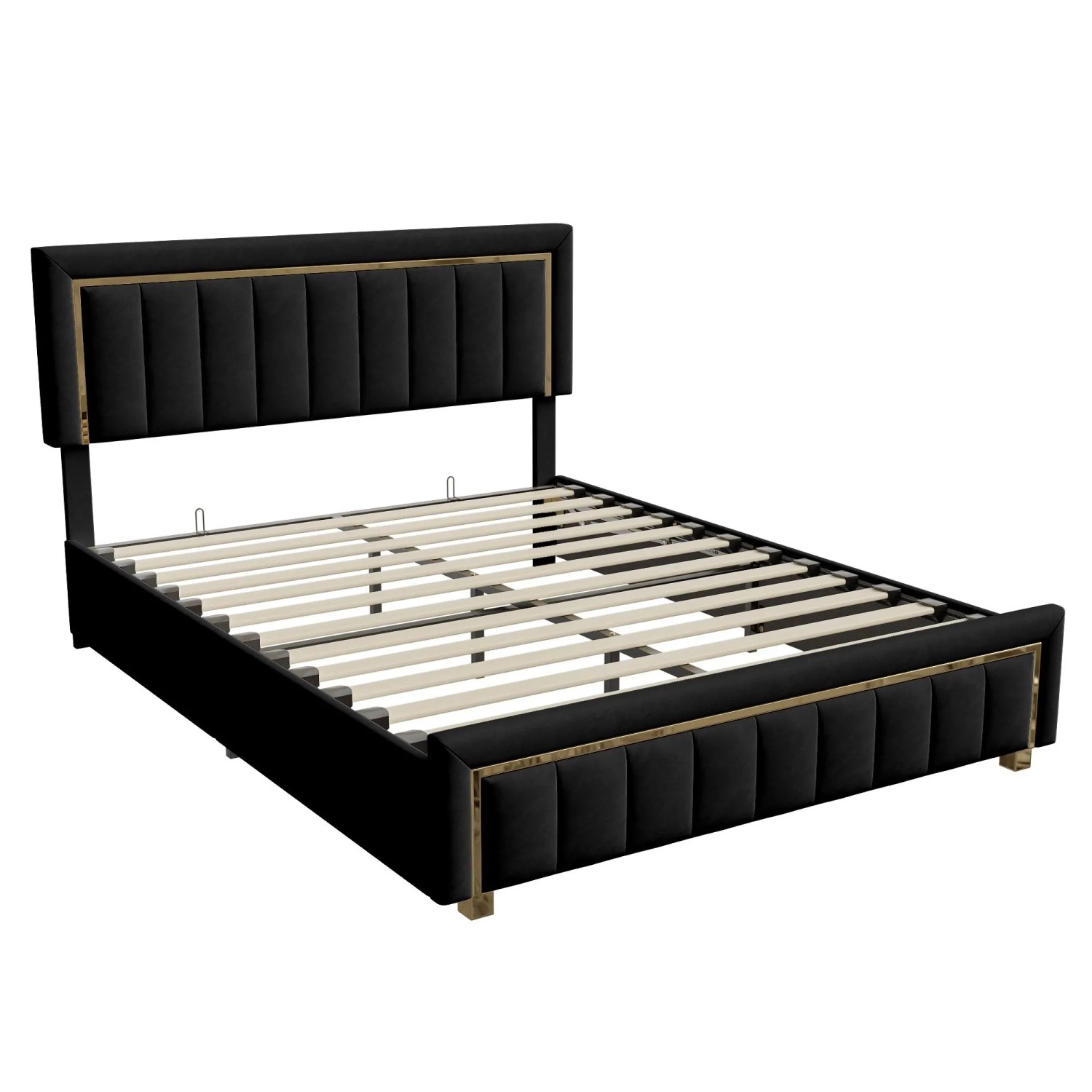PXloue Polsterbett Schwarz Hydraulisch Stauraumbett 140x200cm  Goldkanten Kopfteil