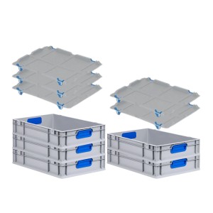 PROREGAL Spar Set: 5 Euroboxen mit Deckel, 12x40x60cm, blaue Griffe, glatter Boden.