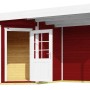 Rotes Weka Holz-Gartenhaus mit Flachdach und Anbau, 533x279 cm.