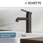 Schwarze, matte Schütte Waschtischarmatur Los Angeles mit laufendem Wasser.