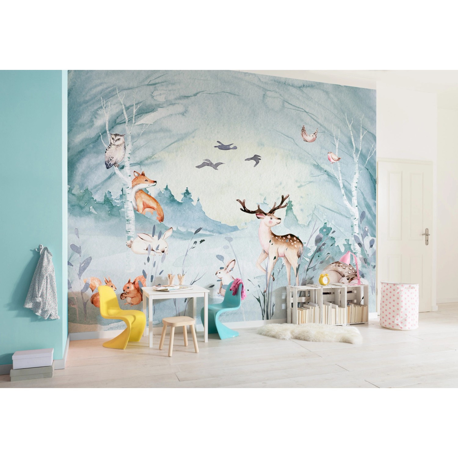 Komar Vliesfototapete Animal Sleepover mit Waldtieren wie Reh, Fuchs und Eule.