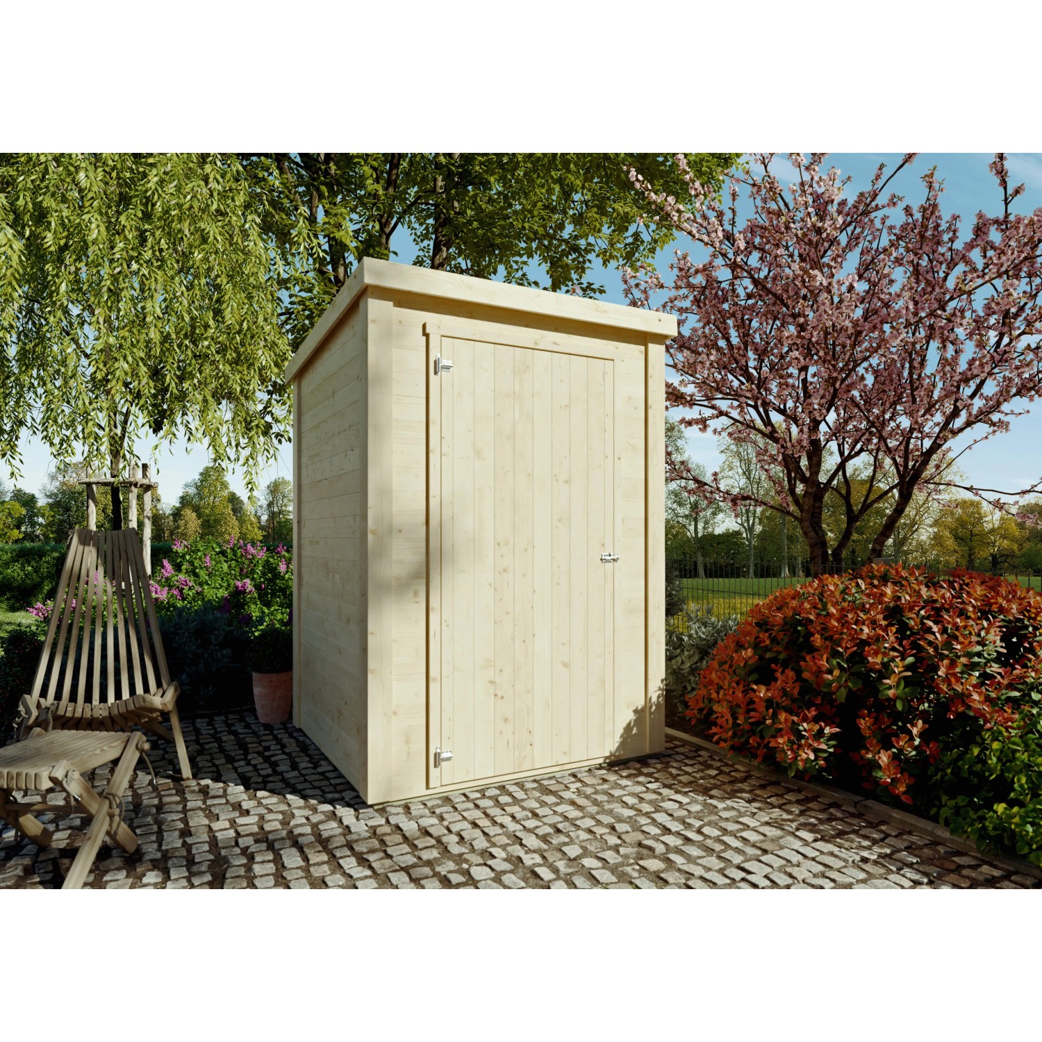 Kiehn-Holz Gerätehaus KH 16-007, unbehandeltes Holz, 135x132cm, im Garten.