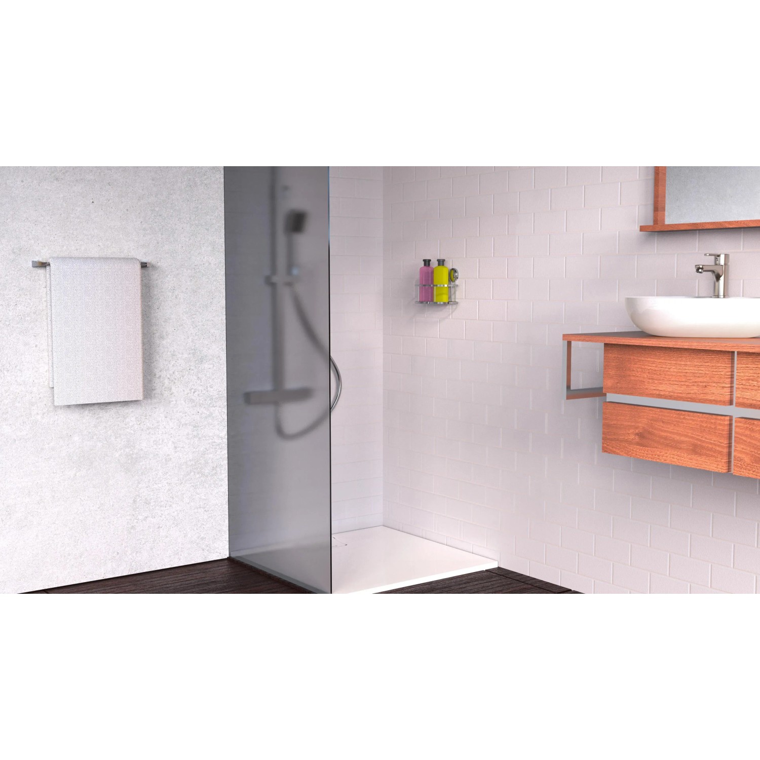 Eisl Duschablage aus Edelstahl ohne Bohren im modernen Badezimmer mit Dusche und Waschtisch.