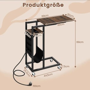 Costway Beistelltisch C-förmig mit Ladestation Sofatisch Braun