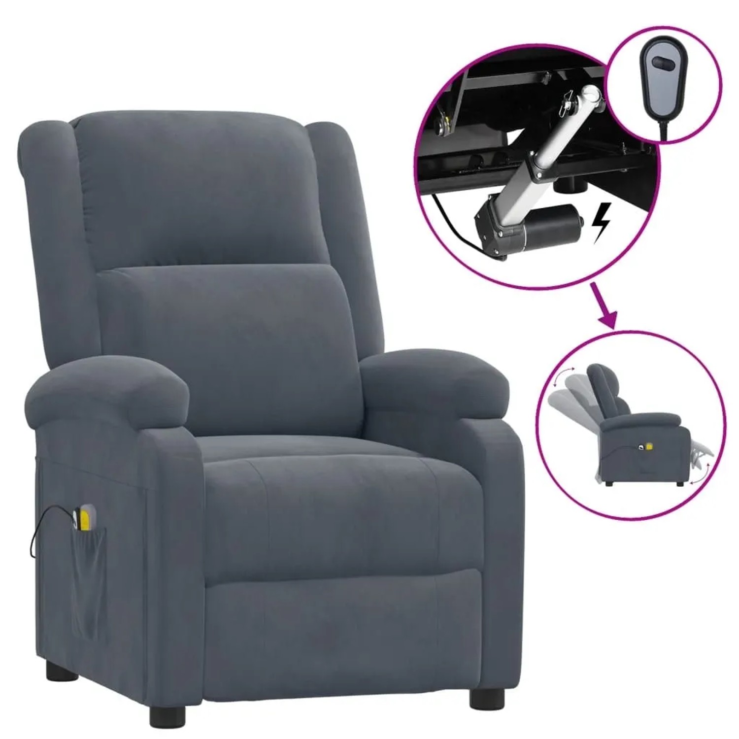 Elektrischer Massagesessel in Dunkelgrau aus Samt mit Liegefunktion und Massagepunkten.