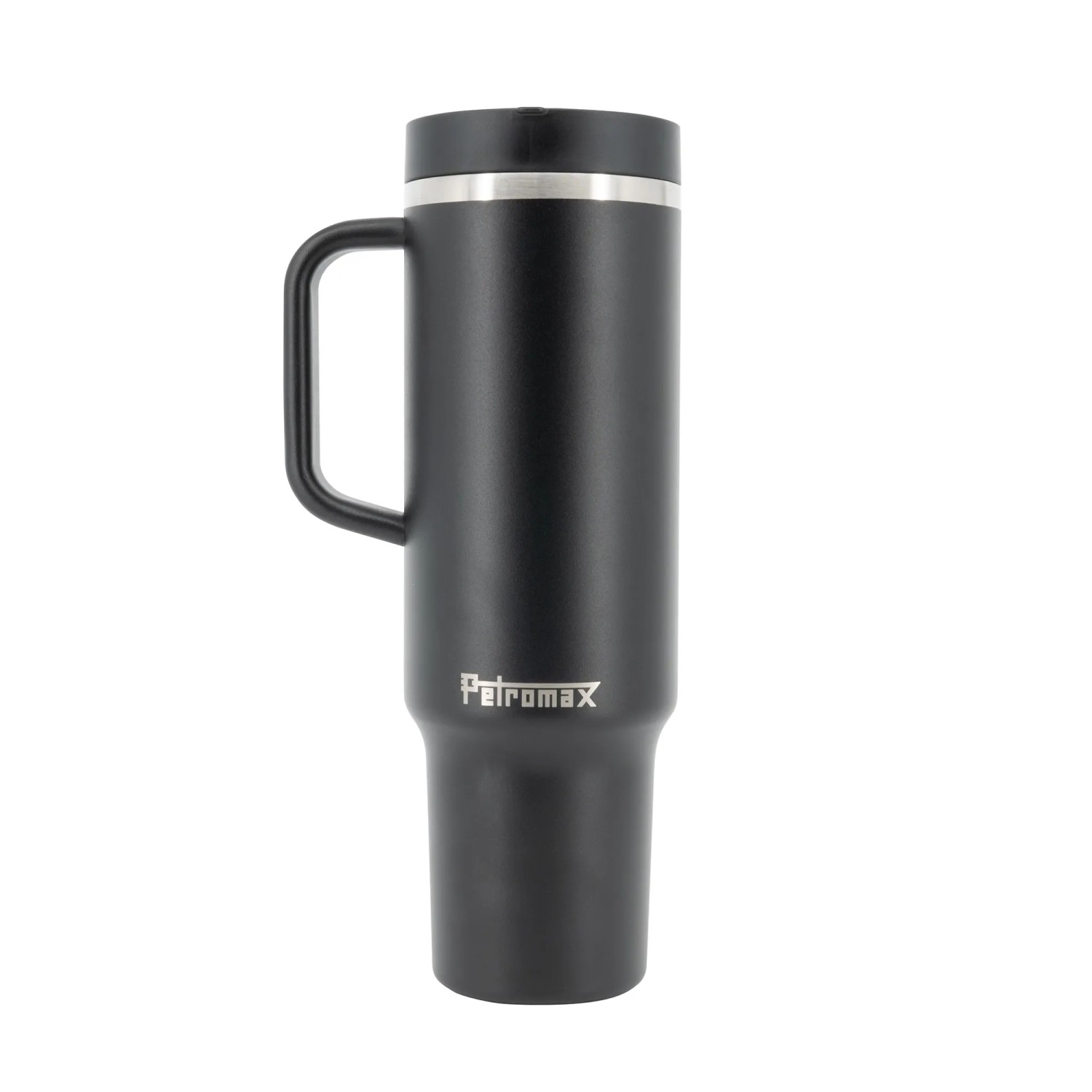 Schwarzer Petromax Thermobecher Waigo 1.000 ml mit Henkel und Deckel.