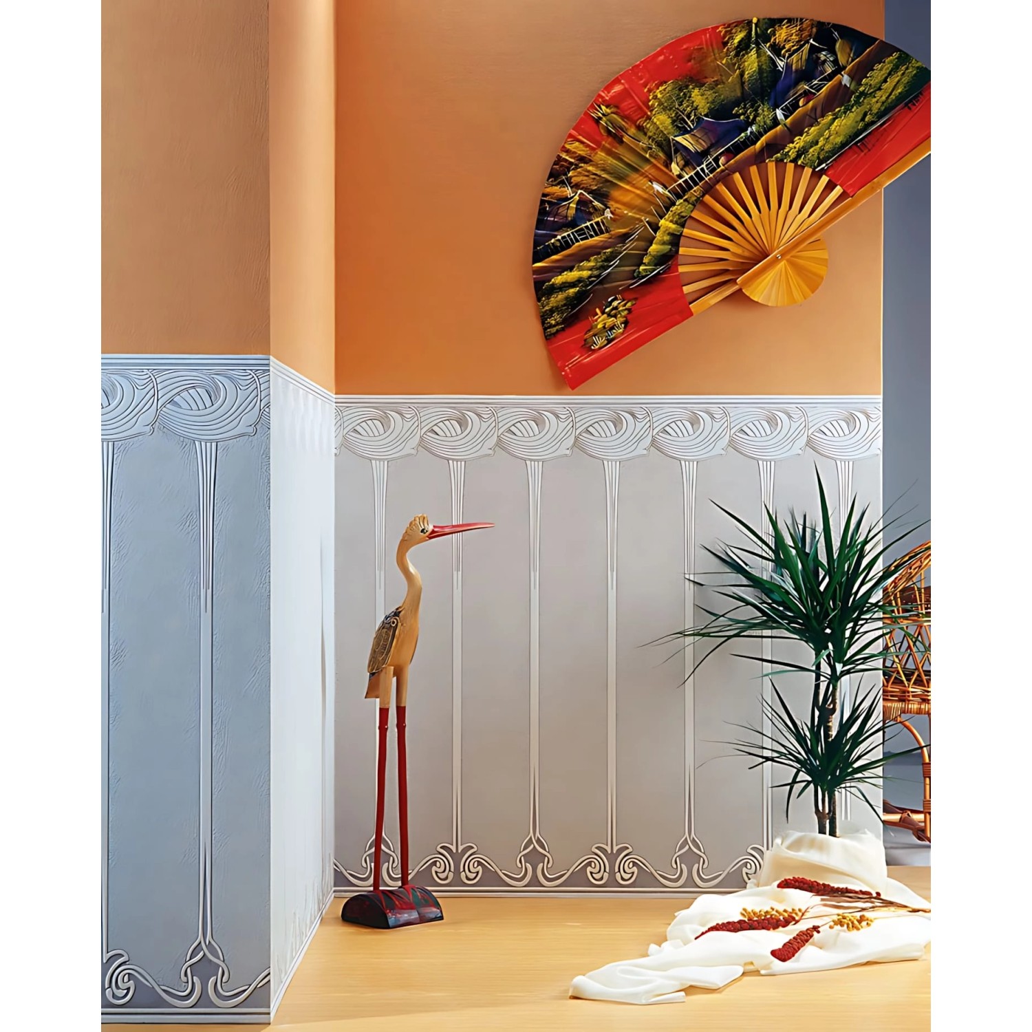 Weiße, überstreichbare Vliestapete EDEM 80300BR60 mit Strukturmuster im Raum.