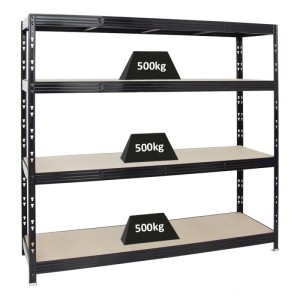 Schwarzes PROREGAL Schwerlastregal Rhino mit 4 Spanplatten-Ebenen, Fachlast 500 kg.