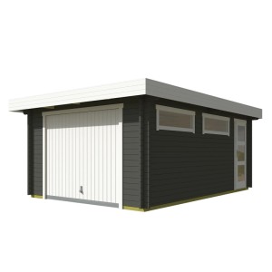 Moderne Lasita Garage Canberra in Grau-Grün mit Schwingtor, Fenster und Tür.