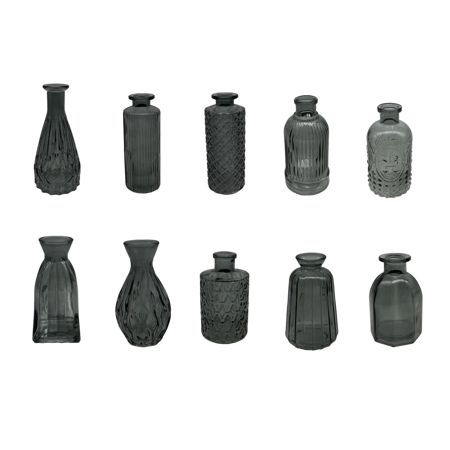 Relaxdays Dekovasen Glas Grau 10er Set ø 5 bis 8 cm 10 cm bis 14,7 cm