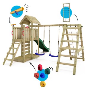 Wickey Spielturm RocketFlyer mit Rutsche, Schaukel und Kletterwand. Grün lasiertes Holz.