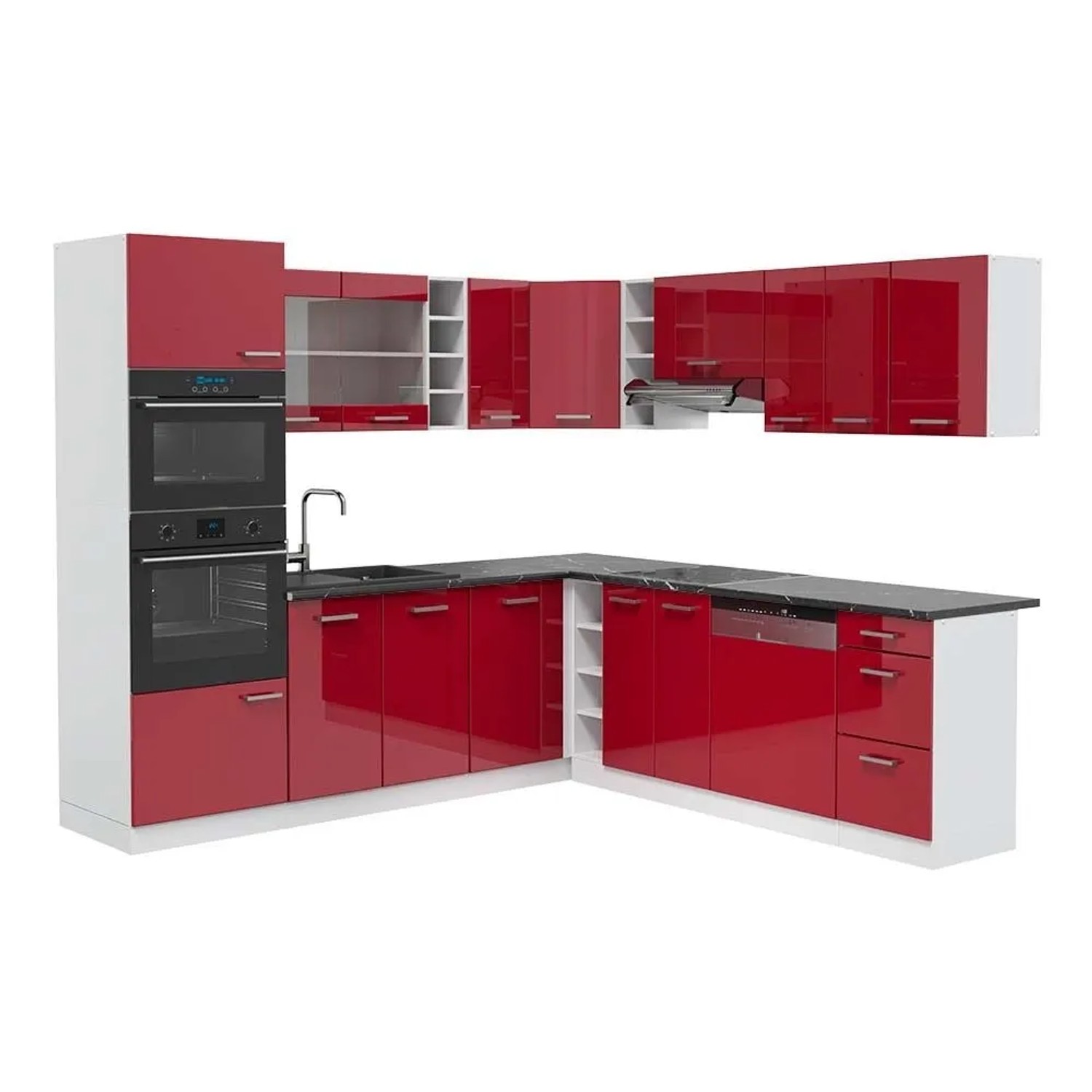 Vicco Eckküche R-Line Rot Hochglanz/Weiß 247 x 82, AP Anthrazit