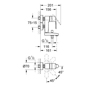 Technische Zeichnung: Grohe Eurostyle Cosmopolitan Wannenbatterie mit Maßen für die Installation.