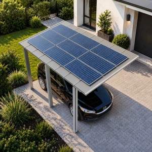 Ximax Solarcarport Linea mit blauen Solarmodulen über schwarzem Auto auf gepflasterter Einfahrt. Modernes Design.