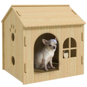 Hundehütte/Katzenhaus Eiche mit Pfoten-Design, Chihuahua sitzt darin.