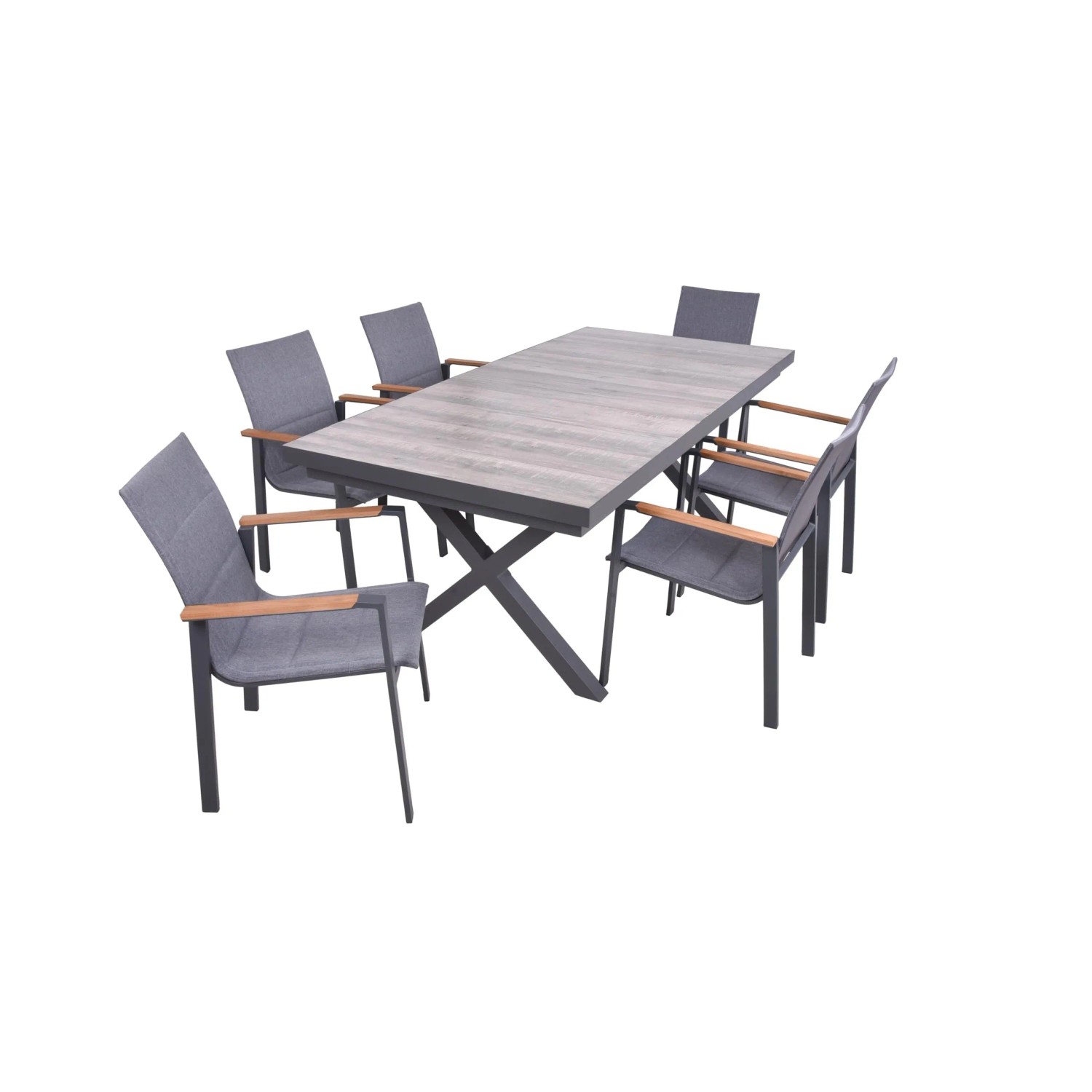 DELUKE Garten-Sitzgruppe JANA 7-tlg. Alu-Keramik Eiche-Optik Grau Gartenmöbel-Set Garten-Essgruppe Stapelstühle C Esstisch