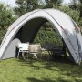 Graues Partyzelt auf Rasen, wasserdicht, mit Stühlen und Tisch. Ideal als Pavillon für Gartenpartys.