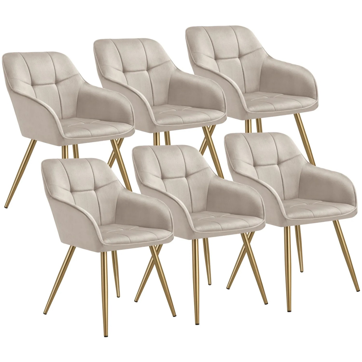 Tectake Esszimmerstuhl Marilyn Gepolstert  In Samtoptik  Gesteppt Durchgehende Lehne 6Er Set 62 x 58 x 82 cm Taupe Gold