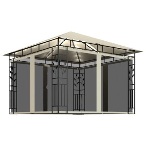 Cremeweißer vidaXL Pavillon 3x3m mit Moskitonetz und LED-Lichterkette für Garten & Terrasse.
