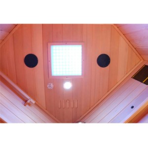 Innenansicht der Dewello Infrarotkabine Lakefield mit Vollspektrumstrahler und Farblichttherapie.