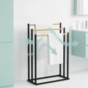 Relaxdays Handtuchständer Eisen Bambus Schwarz Freistehend mit 3 Stangen 76 cm x 45 cm x 21,5 cm