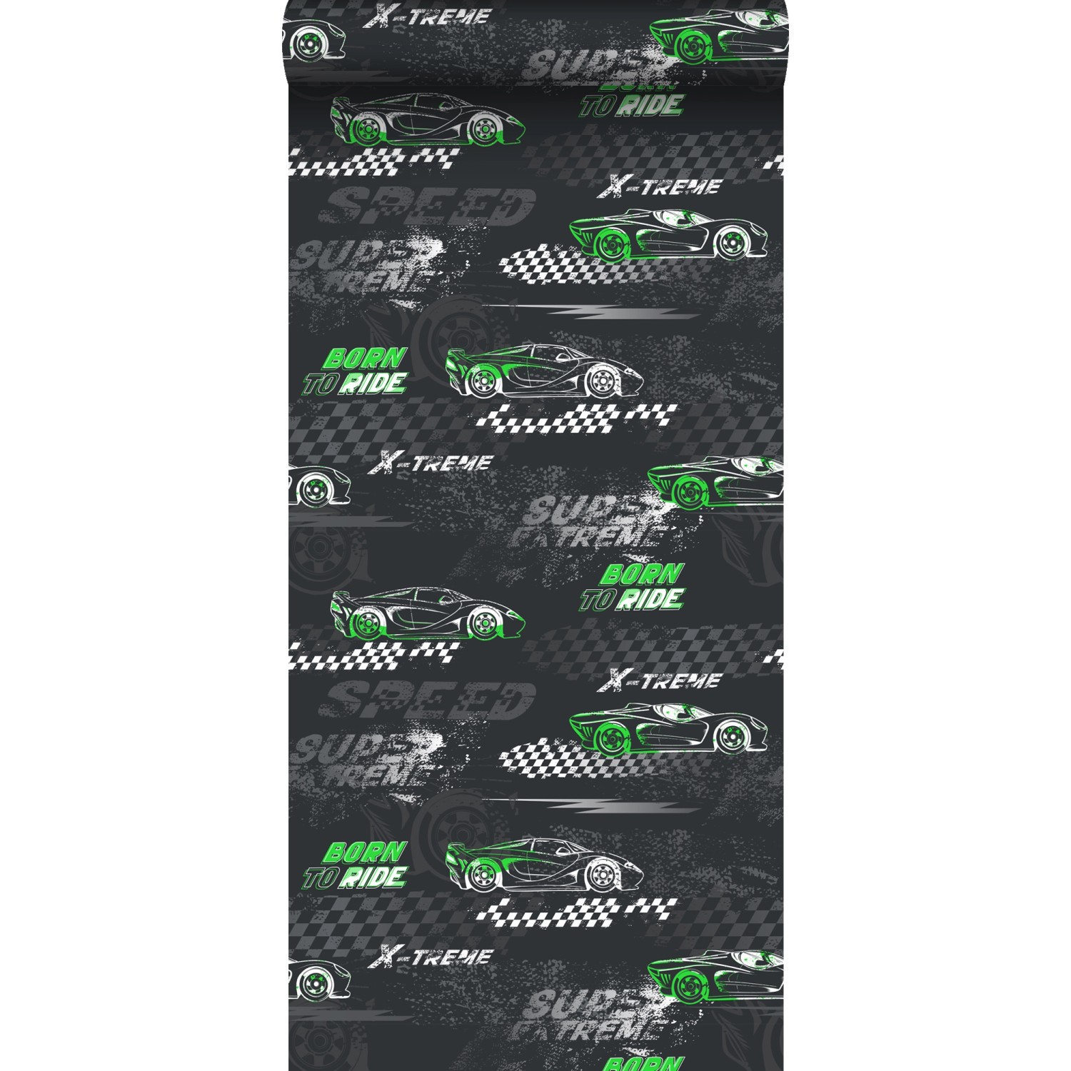 Sanders & Sanders Tapete Rennwagen Grün und Schwarz-Weiß 50 x 900 cm günstig online kaufen