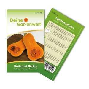 Samenpackung Deine Gartenwelt Butternutkürbis Waltham mit zwei Kürbissen auf Holzbrett.