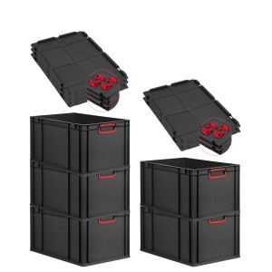 PROREGAL SparSet 5x Eurobox Nextgen Color Mit Auflagedeckel HxBxT 32x40x60cm 65 Liter Schwarz Griffe Rot Geschlossen Eurobehälter Transportbox